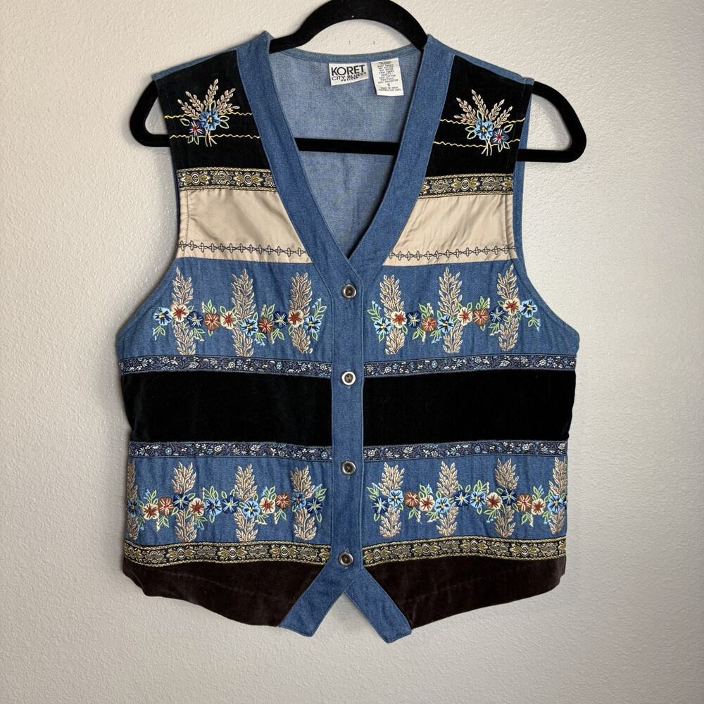 Vtg Koret Denim Velvet Vest S Floral Embroidered Grandma Cottage Core Teacher